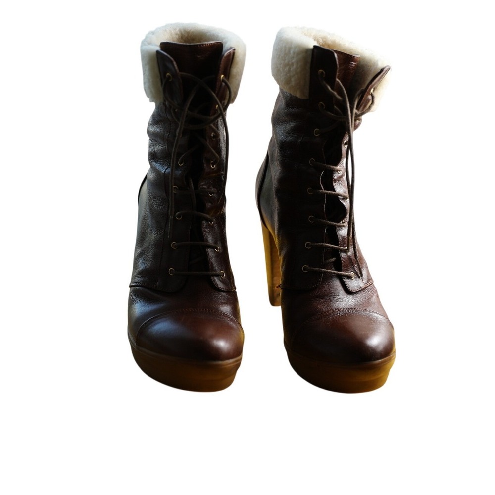 Fendi Brown Leather Shearling Trim Lace Up Platform Heel Ankle Boots Size 37